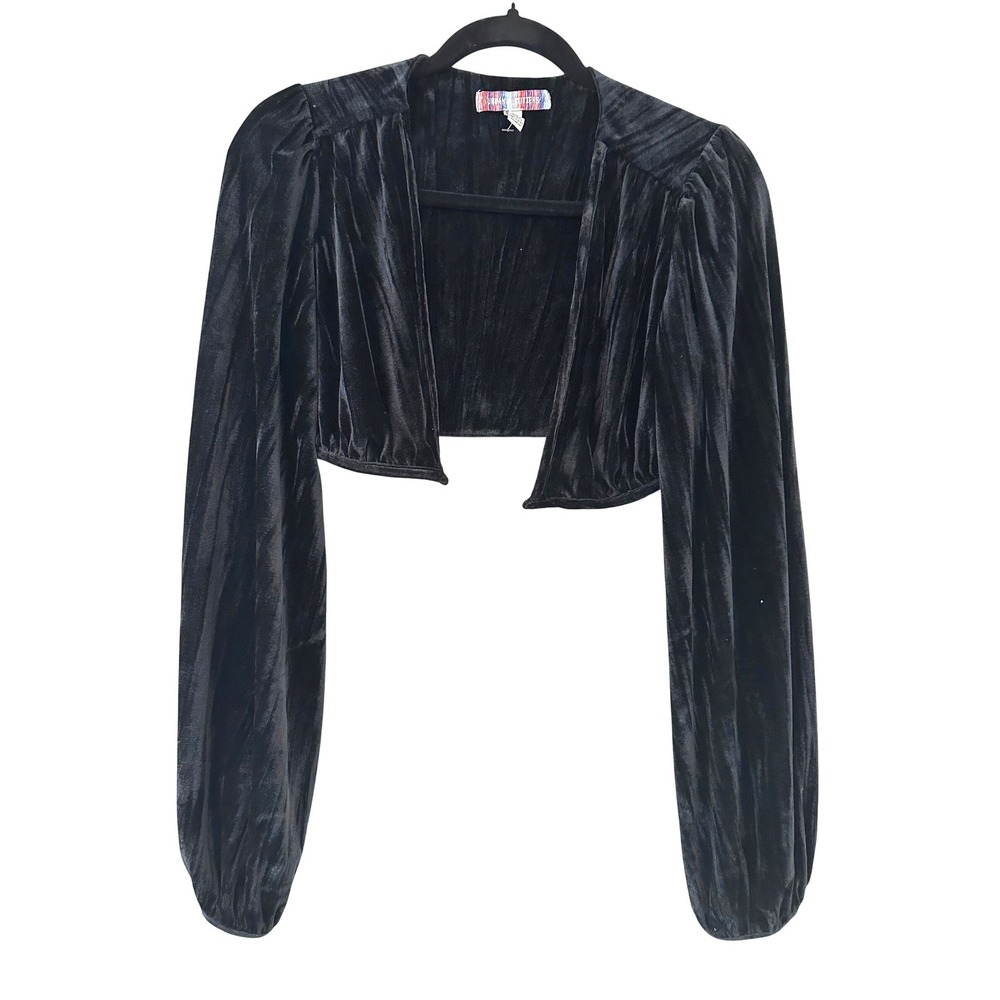 Urban Outfitters Black Crushed Velvet Cropped Shrug Bolero Puff Sleeve M Y2K